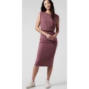 Athleta Santorini Cinch Knit Dress Sleeveless Jersey Midi Mauve Rose M Casual